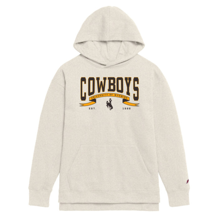 off-white hooded sweatshirt with design center chest. Cowboys in brown with gold outline. University of Wyoming, brown, within a gold streamer. small brown bucking horse under