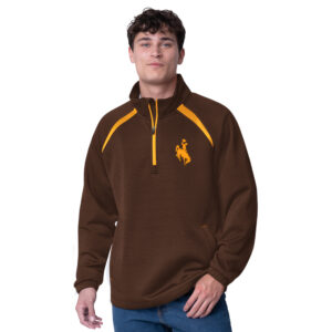 brown quarter zip, mid-weight, jacket. Gold embroidered bucking horse on left chest with gold zipper and gold shoulder decoration