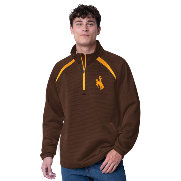 brown quarter zip, mid-weight, jacket. Gold embroidered bucking horse on left chest with gold zipper and gold shoulder decoration