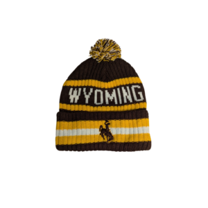 brown, gold and white cuffed beanie with tricolor pom on top. Wyoming center head in white with brown embroidered bucking horse on cuff