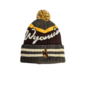 brown grey and gold cuffed beanie with script wyoming on top head and brown bucking horse