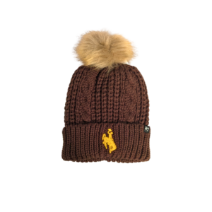 solid brown knit beanie with gold embroidered bucking horse on cuff and faux fur pom on top