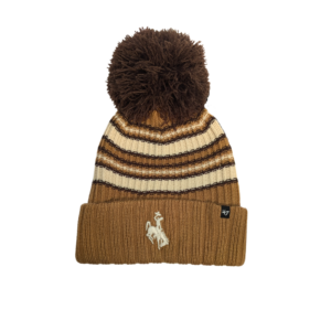 Light brown/rust striped beanie with embroidered bucking horse on cuff. brown pom on top