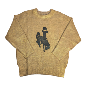 metallic gold knit sweater with large black bucking horse center chest