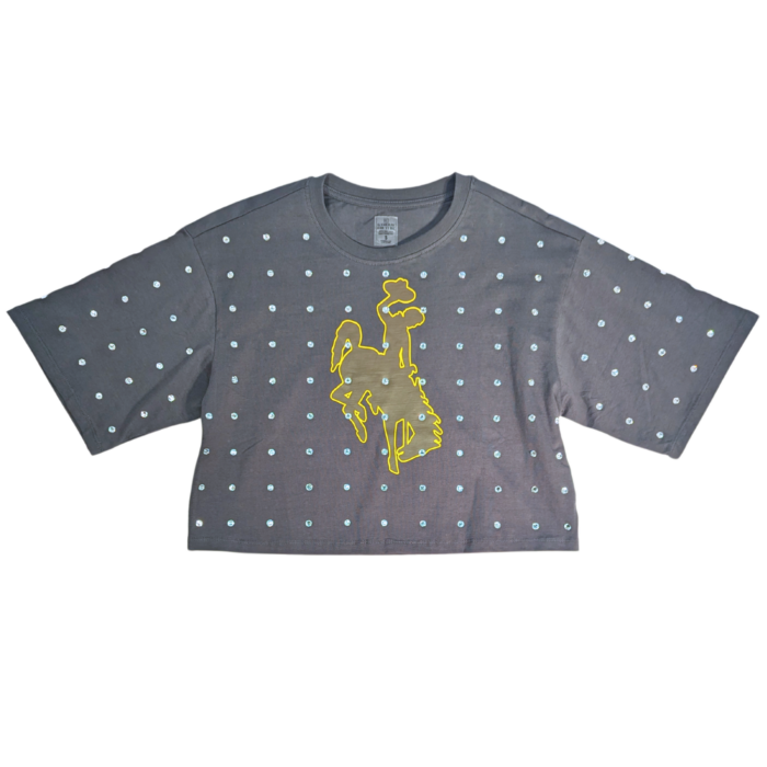 grey short sleeve tee with uniform rhinestone detail with brown bucking horse with gold outline on center chest