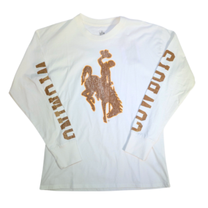 white long sleeve tee with design on front and sleeves. on front is distressed bucking horse in brown with gold outline, Wyoming on right sleeve and cowboys on left sleeve.