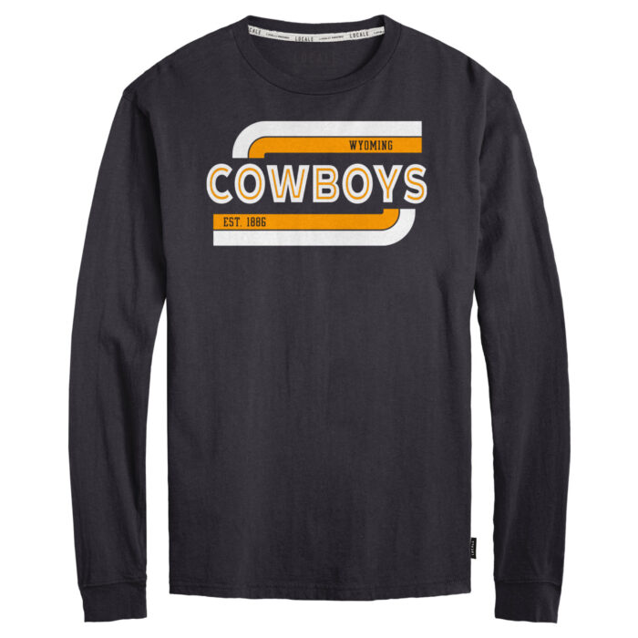 black long sleeve tee with design center chest. design is Cowboys in white with gold line through. Gold and white retro curved lines above and below cowboys.