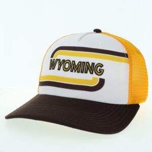 Brown, gold and white adjustable hat. two panel front structure with mesh backing and slight curved bill. mesh is gold, two panels are white and bill is brown. wyoming embroidered on front