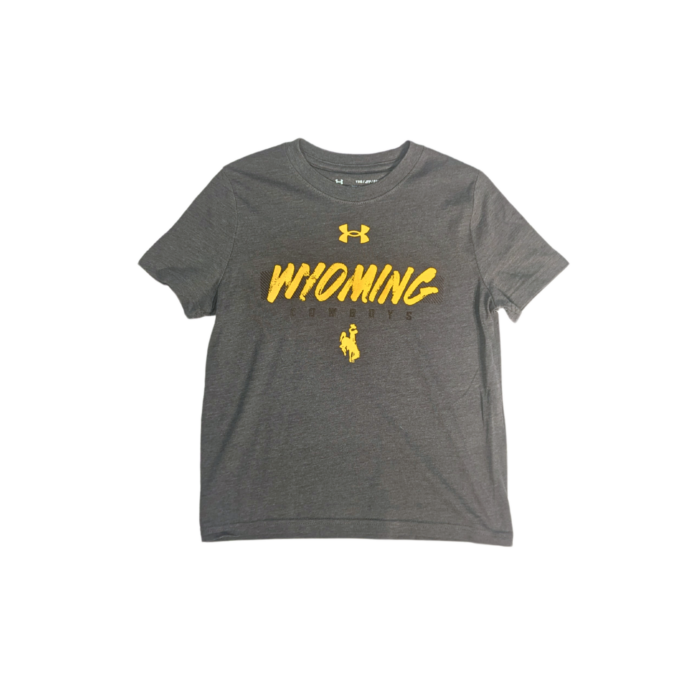 youth grey short sleeve tee with distressed, gold, wyoming with dark brown cowboys under and gold bucking horse at bottom