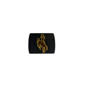 Black hitch cover with chrome and colored emblem. Emblem is bucking horse, brown with gold outline