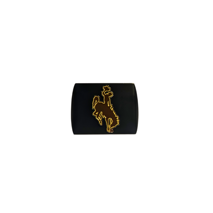Black hitch cover with chrome and colored emblem. Emblem is bucking horse, brown with gold outline