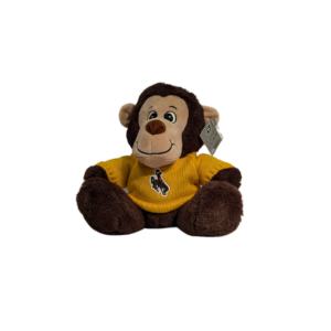 brown monkey teddy bear wearing a gold knit sweater with embroidered bucking horse on chest