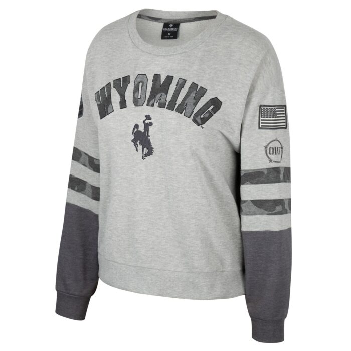 grey crewneck sweatshirt. dark grey arm band accents on forearms. Wyoming arced center chest with camo fill. bucking horse under in grey.