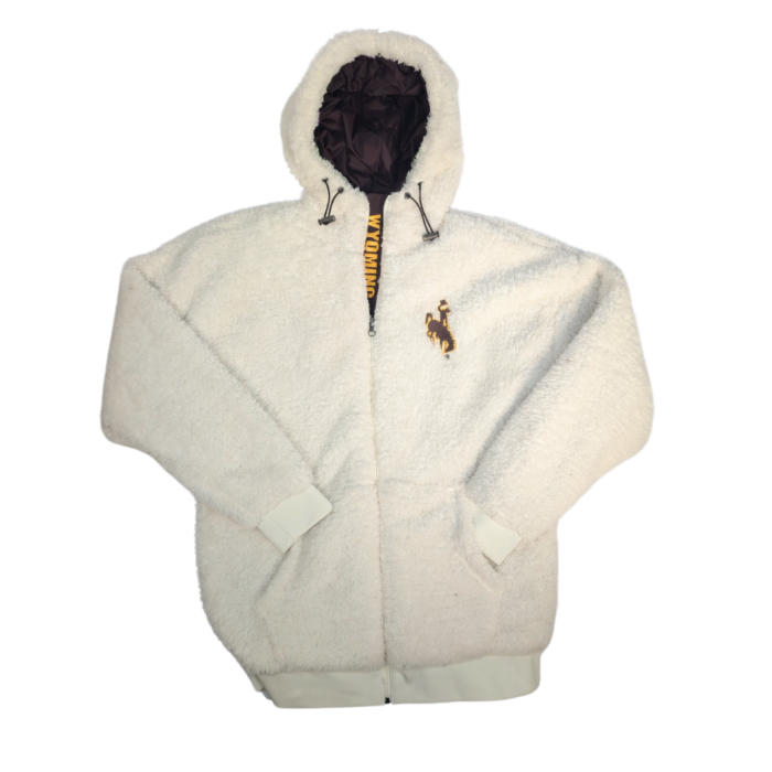 White sherpa full zip jacket with small brown embroidered bucking horse on left chest. Brown lining interior