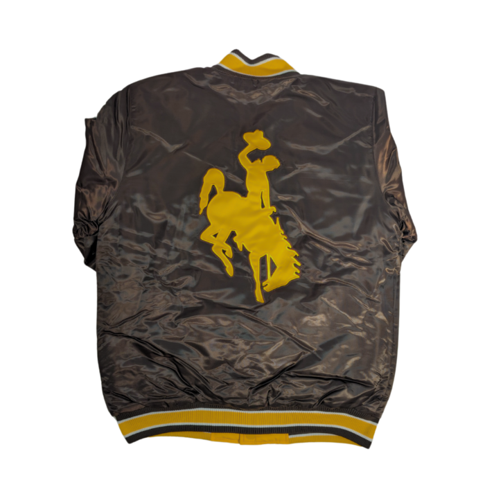back of brown satin jacket with large gold bucking horse patch, center back, with embroidered trim.