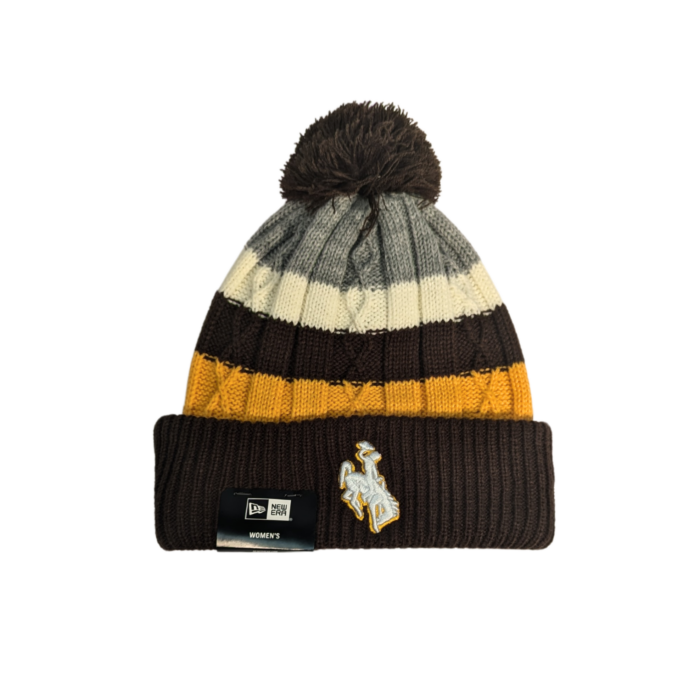 grey, brown and gold knit hat with pom and cuff. on crown, brown gold grey and white color blocks. on cuff white embroidered bucking horse