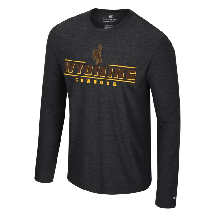 grey long sleeve tee with design center chest. Design from top to bottom, brown bucking horse with wyoming under in brown with gold 3D accent and cowboys in gold at bottom in smaller text