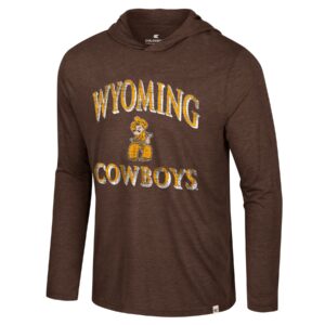 brown lightweight hood with design center jacket. Arced gold wyoming with white outline, pistol pete in color in center and cowboys across at bottom