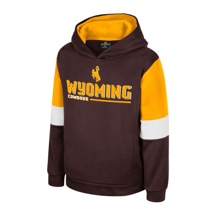 brown gold and white hooded sweatshirt. Brown body with color blocking in gold on upper arms and white around elbows. On chest, gold bucking horse at top, gold Wyoming under and cowboys at bottom in white
