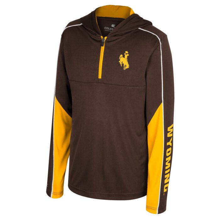 brown and gold hooded quarter zip. Brown body with gold under arm accent blocking. gold wyoming down outside left sleeve. gold bucking horse on left chest