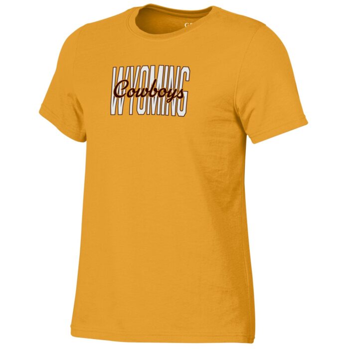 gold women's short sleeve tee with medium design center chest. In background Wyoming in white with brown outline. Cowboys overlapping in script, brown with gold outline