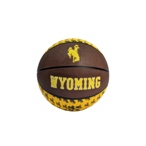 Brown and gold kids' mini basketball with four brown panels and four gold panels. On brown, wyoming in gold with bucking horse in gold above. on gold, scattered bucking horses