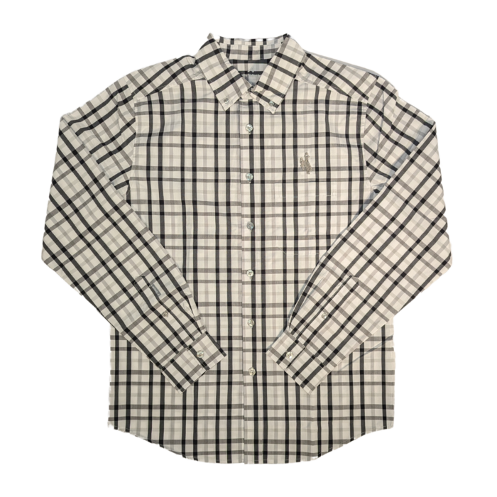 grey, white and black full button up shirt. Striped flannel pattern with small grey embroidered bucking horse on left chest.