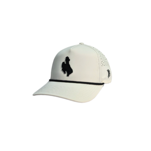 white adjustable hat with breathable backing and two-panel structure in the front. on front, black bucking horse patch with paracord detail