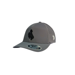 grey adjustable hat with breathable backing and two-panel structure in the front. on front, bucking horse patch, all black