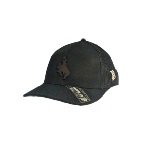 black adjustable hat with mesh backing and two-panel structure in the front. on front brown patch bucking horse