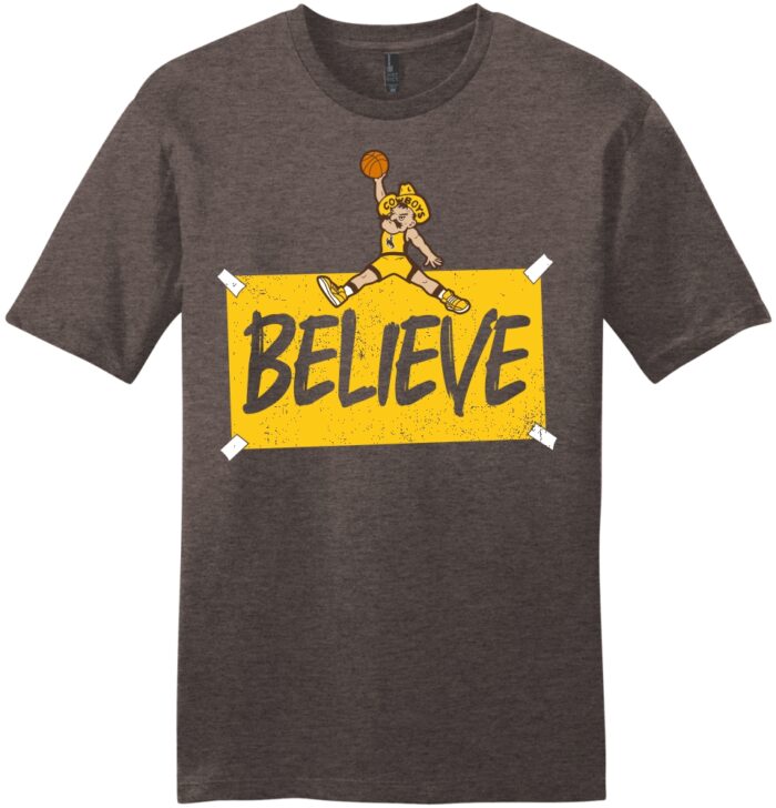 brown short sleeve tee with design center chest. at top is an in-color pistol pete playing basketball with large gold box under. within gold box, believe in brown