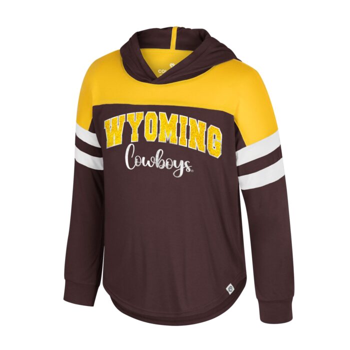 hooded long sleeve tee in brown gold and white. brown body with gold shoulder contrast. white bands around bicep. on center chest, arced wyoming in sparkle gold with cowboys in script under in white.