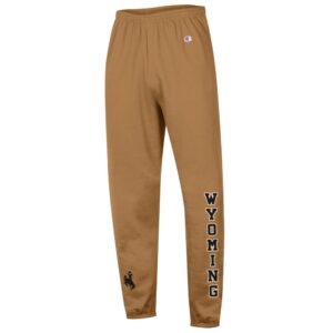 brown sweatpants with design on both bottom legs. Wyoming in black with white outline down left leg. black bucking horse on right