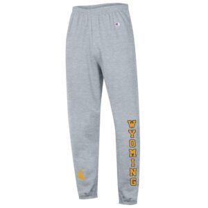 grey sweatpants with cuffed legs. designs on both legs, on left, wyoming going down in gold with brown outline. gold bucking horse on left