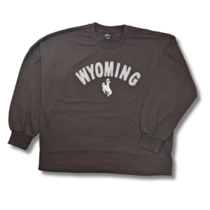 brown crewneck sweatshirt. with 3D design center chest. Design is white Wyoming in silver glitter sewn in. white bucking horse under