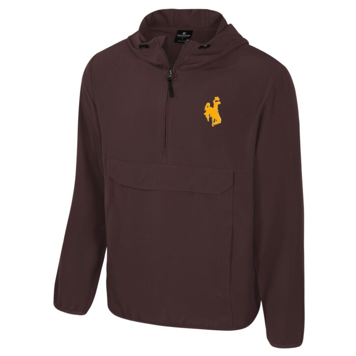 brown half zip hooded jacket. large hidden pocket on front with kangaroo openings. gold bucking horse on left chest.
