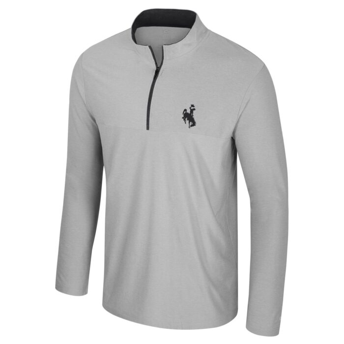 light grey quarter zip pullover. black bucking horse on left chest