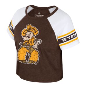 brown and white short sleeve tee with brown and gold arm bands. on front, large, full color, pistol pete. wyoming in white in brown arm band
