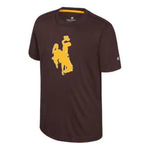 brown short sleeve tee with large gold bucking horse center chest. on back of neck, small gold W with white outline