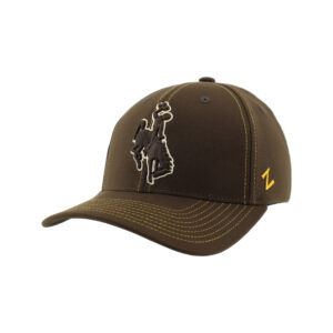 brown flex fit hat. Full structure with brown embroidered bucking horse on front with white outline