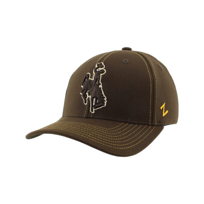 brown flex fit hat. Full structure with brown embroidered bucking horse on front with white outline