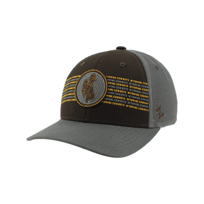 Grey, brown and gold adjustable hat. brown two panel front with grey bill and mesh back. Circle patch on front two panels. Wyoming Cowboys in gold and grey creating stripes