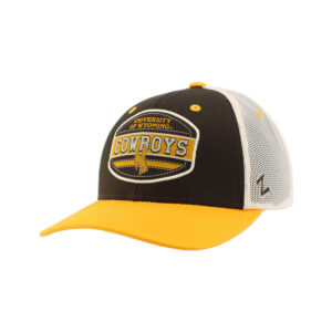 brown, gold and white adjustable hat. Brown two front panels, gold visor and white mesh back with snap closure. UWYO Cowboys patch on front panels.