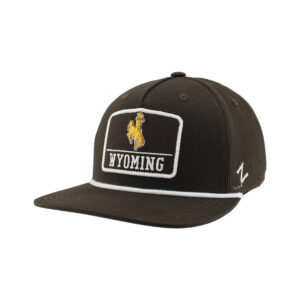 All brown adjustable hat. Mesh back, two panel structured front. White rope detail on visor. Patch on front paneling, white boarder and wyoming with gold bucking horse.