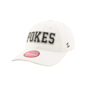white adjustable hat, with twill design on front. design is all caps pokes in brown with silver embroidered outline