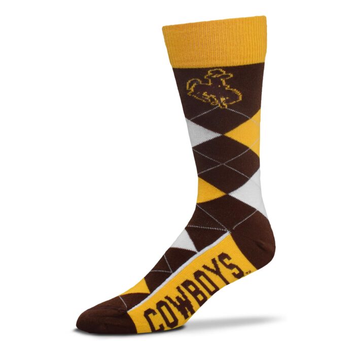 brown, white and gold, quarter length socks. Argyle pattern with bucking horse on top band and cowboys on the bottom of the foot in brown