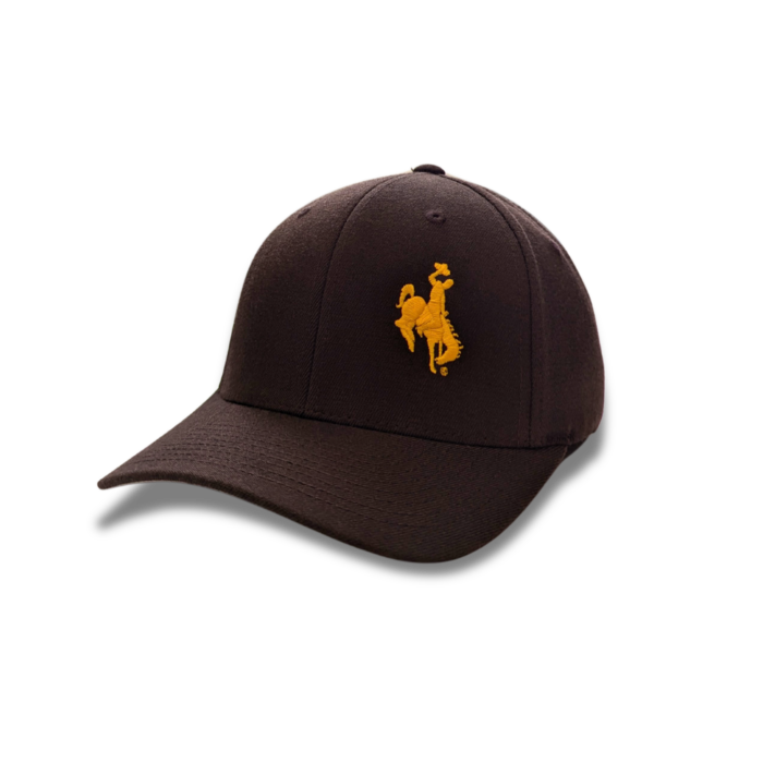 Brown flex fit hat with offset gold embroidered bucking horse on front left panel. Gold pokes on back