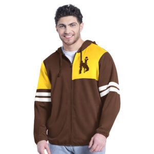 full zip hooded jacket. brown gold and white. Brown base with white arm bands and gold left chest and right shoulder contrast. bucking horse on left chest in brown