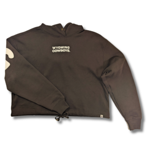 front of womens brown sweatshirt. small white wyoming cowboys center chest with drawstring bottom