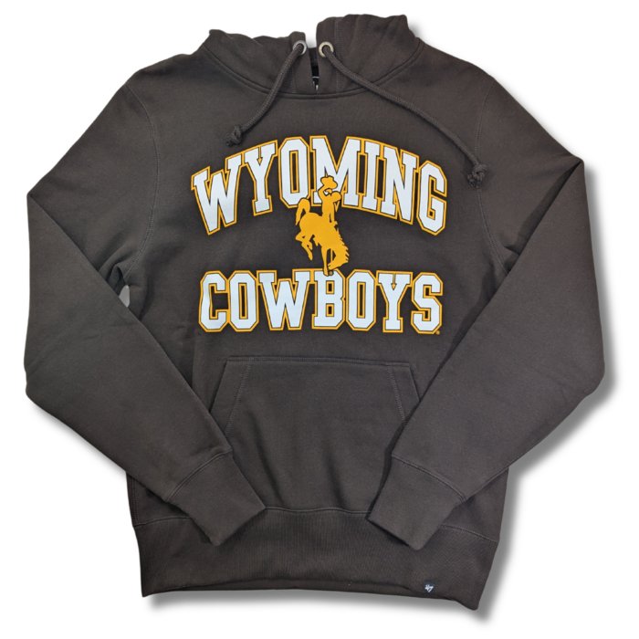 brown hooded sweatshirt with design center chest. Design is arced wyoming, gold bucking horse center, and wyoming at bottom. Text is white with gold outline